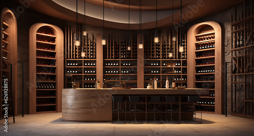 a fancy cellar full of wine bottles inside an antique wood room