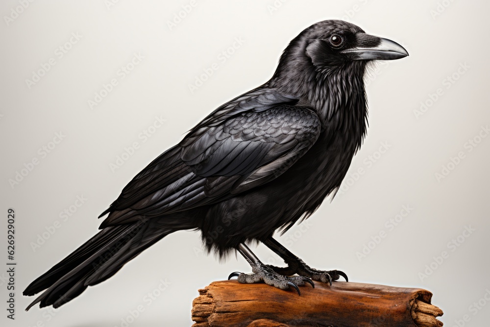 Fototapeta premium Closeup image of a majestic black raven, showcasing intricate feather details, a symbol of mystery in nature, generative ai