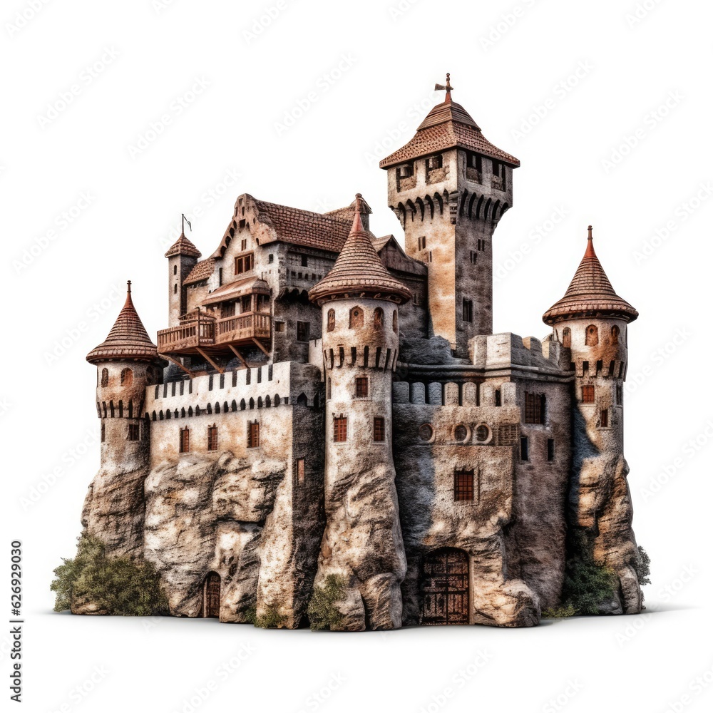 A historic Germanic castle with distinctive architecture and turrets, symbolizing a regal European kingdom, isolated on a white background, generative ai