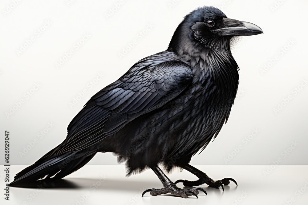 Fototapeta premium Closeup image of a majestic black raven, showcasing intricate feather details, a symbol of mystery in nature, generative ai