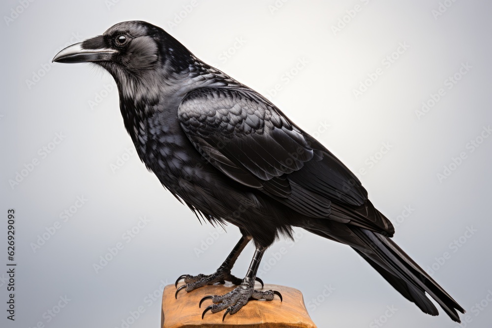 Fototapeta premium Closeup image of a majestic black raven, showcasing intricate feather details, a symbol of mystery in nature, generative ai