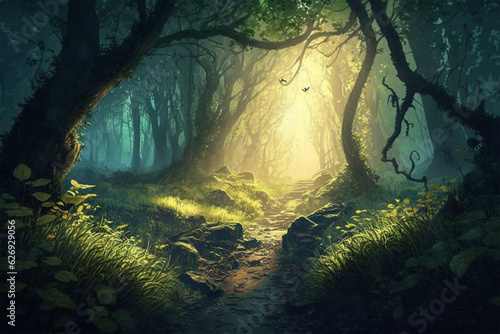 Forest background with sunlight shining down. Generative AI