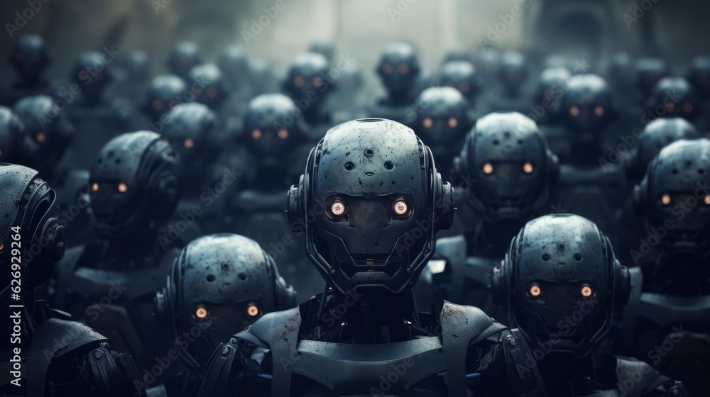 Robot army in dark style. Generative AI Robot army in dark style. Generative AI