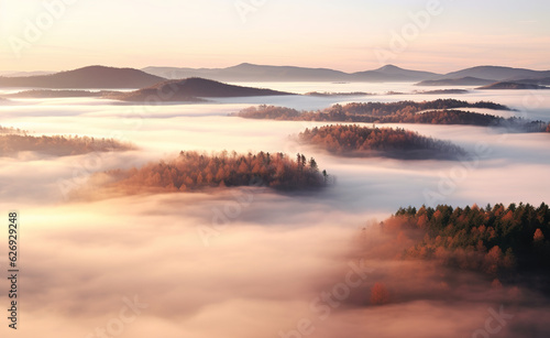 misty morning with sunrise in the mountains