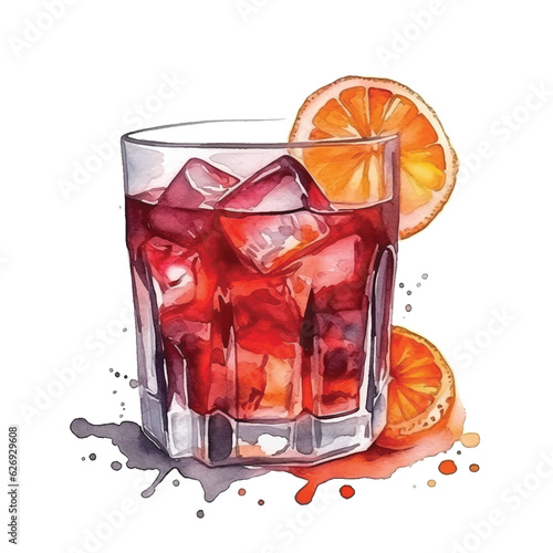 Negroni cocktail watercolor paint isolated on white background