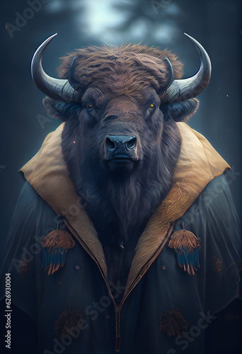 Bull wearing jacket portrait. Generative ai.