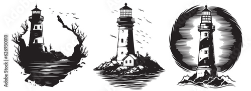 Leinwand Poster Lighthouse, black vector illustration silhouette laser cutting