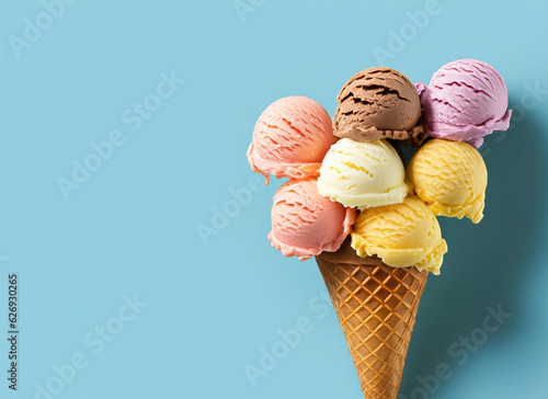 Ice cream scoops on waffle cone with light blue background