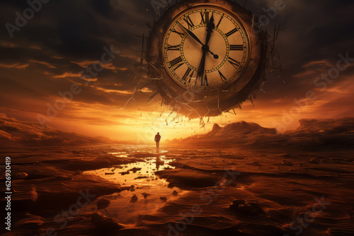 Man infront of huge clock. Time passing, time importance, destiny concept. AI generative, illustration.