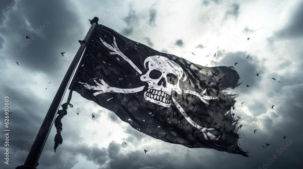 Pirate flag with skull and bones waving in the wind, cloudy sky background, jolly  roger symbol, dark mysterious hacker and robber concept Stock Photo