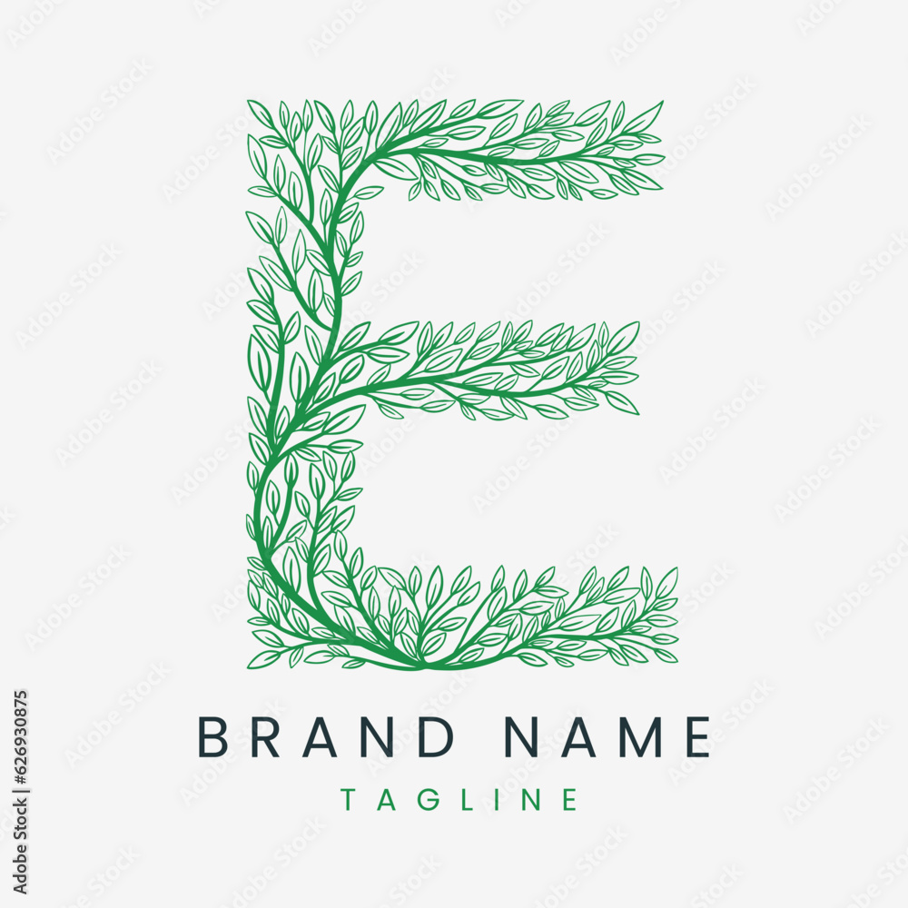 Letter E Tree Branch, Formed From Twigs Leaves Logo Design Stock Vector ...