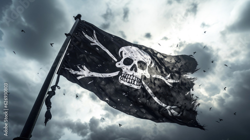 Photo Pirate flag with skull and bones waving in the wind, cloudy sky background, joll