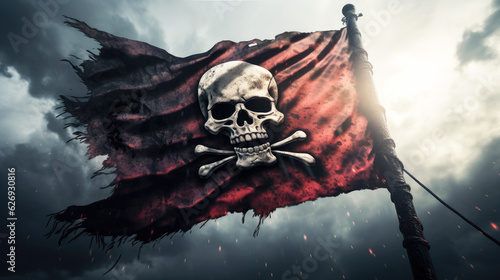 Pirate flag with skull and bones waving in the wind, cloudy sky background, jolly roger symbol, dark mysterious hacker and robber concept