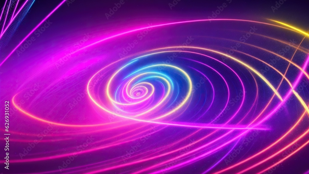 Abstract futuristic background with pink, blue and yellow glowing neon, spiral lines and bokeh Abstract futuristic background with pink, blue and yellow glowing neon, spiral lines and bokeh