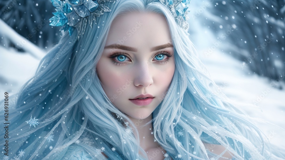 Frozen Enchantress: A girl with ice crystal patterns on her dress. Eyes are an icy blue color.