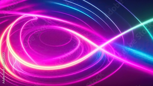 Abstract futuristic background with pink, blue and yellow glowing neon, spiral lines and bokeh