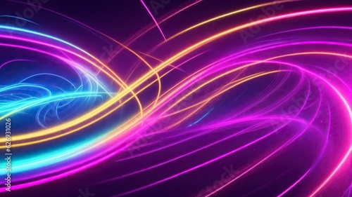 Abstract futuristic background with pink, blue and yellow glowing neon, spiral lines and bokeh
