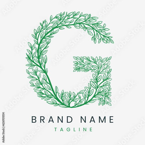 Letter G Tree Branch, Formed From Twigs Leaves Logo Design