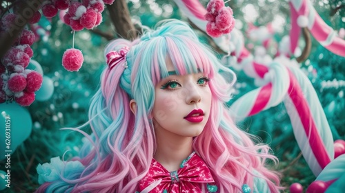 Candyland Dreamer, Amidst a candyland wonderland, a girl with pastel-colored hair and a cotton candy-like outfit © DanChik