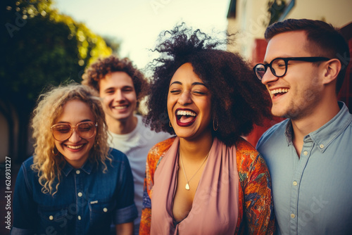 Lifestyle and friendship concept. Multi ethnic guys and girls spending time together. Happy life style friendship concept on young multicultural people having fun day together in city. Generative AI