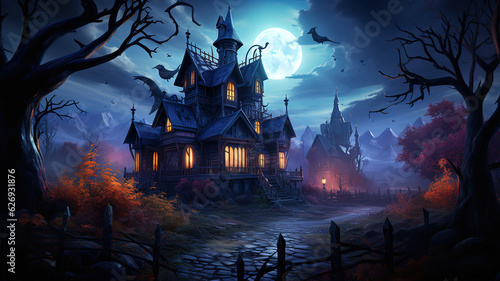 Haunted House Full Moon, Bright color. Generative Ai