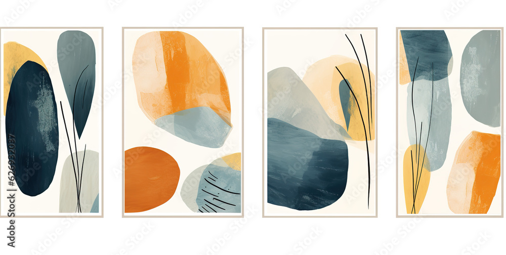 four abstract paintings hanging on a wall with different shapes  