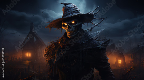 Tablou pe pânză Illustration horror,scarecrow, halloween night house ,dark fantasy painting