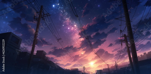 Late dusk with beautiful Heavenly sky over tokyo like city sky. city Sunset clouds abstract illustration. Wide format. Hope, divine, heavens concept. Hand edited generative AI.
