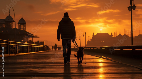 Photograph-silhouette of a man walking his dog on the pier, golden hour, AI Generated
