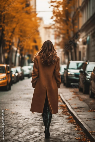 Lonely young woman walking and wearing long brown fancy autumn coat. Autumn casual fashion street style. Back view photo