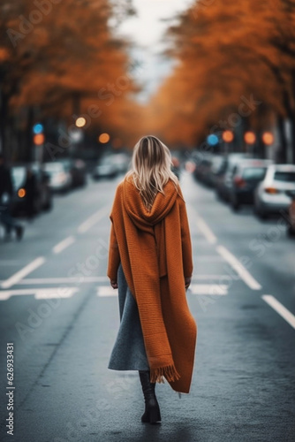 Lonely young blond woman walking and wearing long brown knitting scarf. Casual fashion street style. Back view