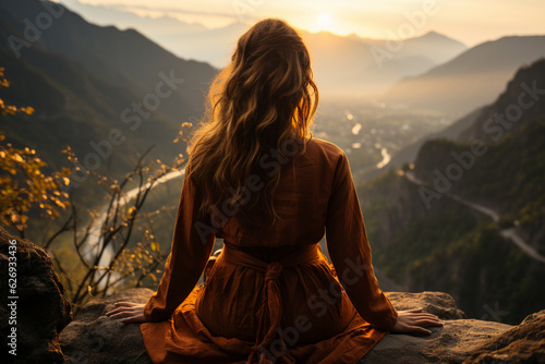 Yoga woman sitting on top of a mountain at sunrise. Mountains in the fog. The view from the back. arms around. Meditation. The balance of psychological life. Appeasement. Generative Ai © Alex