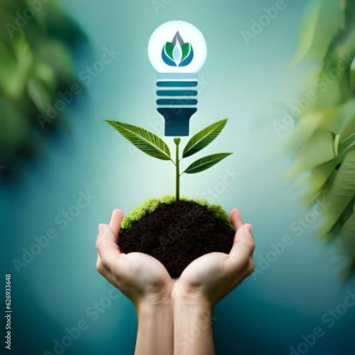Environmental cooperation. Unity of businesspeople and community together protecting small sprout with hands. Future environmental conservation and sustainable ESG modernization development.