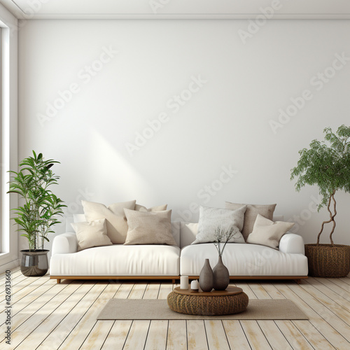 Minimal Living room with Comfy sofa and cushion design  white blank wall  afternoon  bright  digital  AI Generated