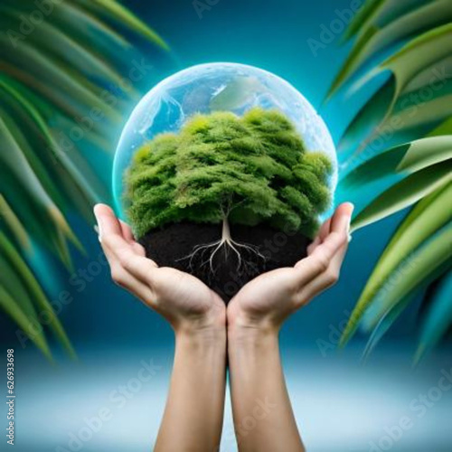 Environmental cooperation. Unity of businesspeople and community together protecting small sprout with hands.