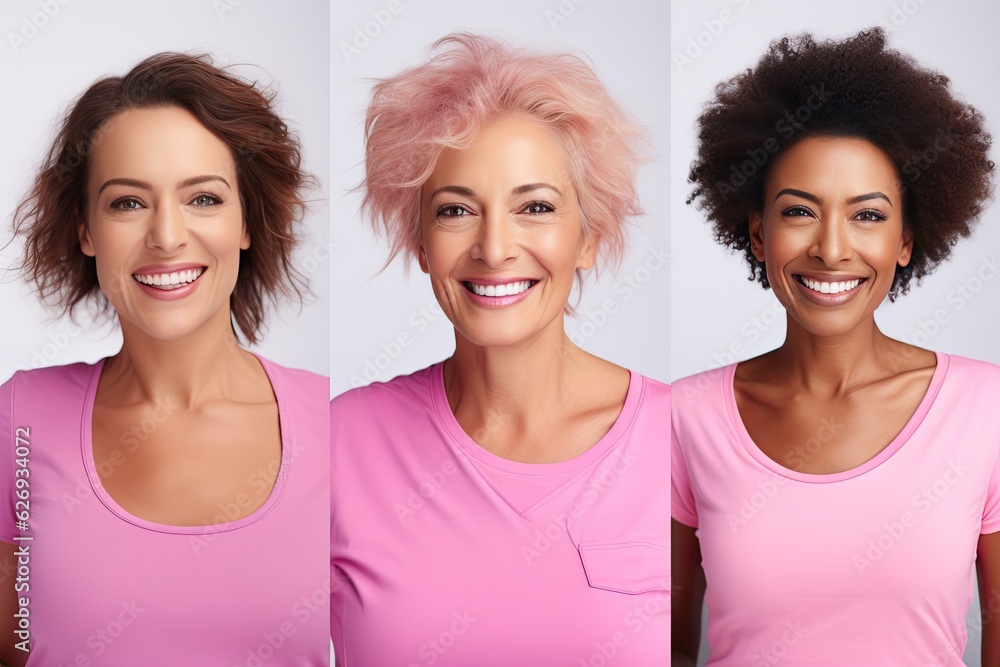 portrait of three women, wearing pink t-shirts, in support of the fight against breast cancer. portrait of three women, wearing pink t-shirts, in support of the fight against breast cancer.