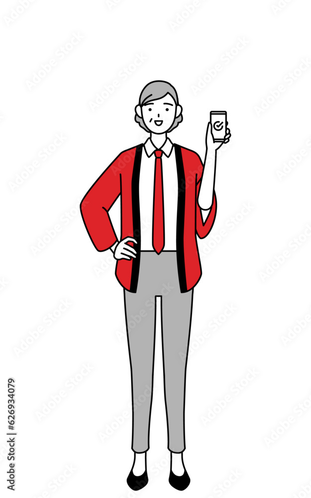 仕事でスマホを使う赤い法被を着た販売員のシニア女性 仕事でスマホを使う赤い法被を着た販売員のシニア女性