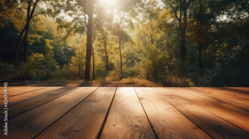 Wooden table in front of a forest background. Empty table for product display montages.