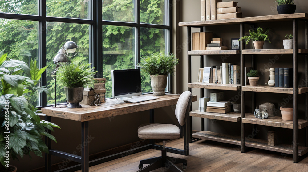 Industrial-style home office with a reclaimed wood desk Design, a metal bookshelf, AI Generated Industrial-style home office with a reclaimed wood desk Design, a metal bookshelf, AI Generated