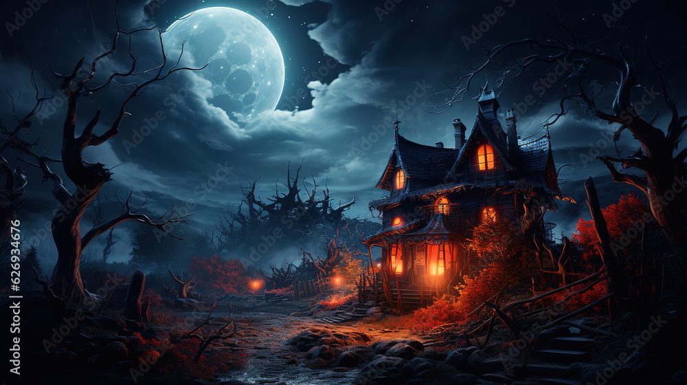 Abandoned haunted house refuge of spirits moonlit night 3d illustration. Generative Ai