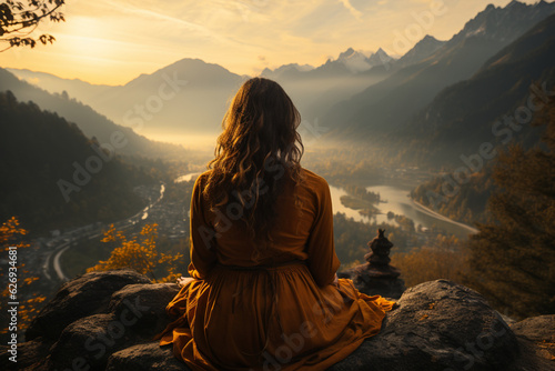 Yoga woman sitting on top of a mountain at sunrise. Mountains in the fog. The view from the back. arms around. Meditation. The balance of psychological life. Appeasement. Generative Ai © Alex