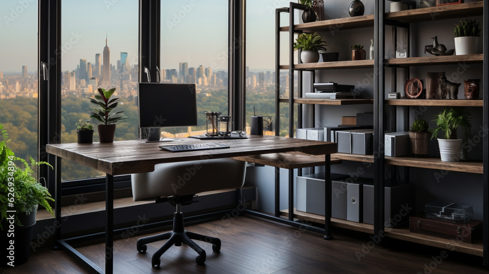 Industrial-style home office with a reclaimed wood desk Design, a metal bookshelf, AI Generated