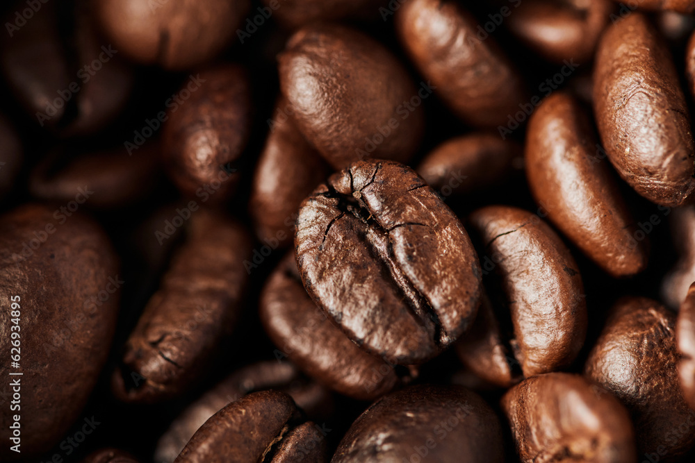Fototapeta premium close up, black coffee beans in wooden box, dark roast, caffeine and energy, coffee background