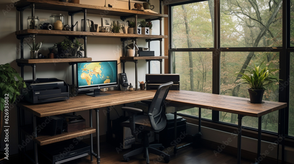 Industrial-style home office with a reclaimed wood desk Design, a metal bookshelf, AI Generated Industrial-style home office with a reclaimed wood desk Design, a metal bookshelf, AI Generated