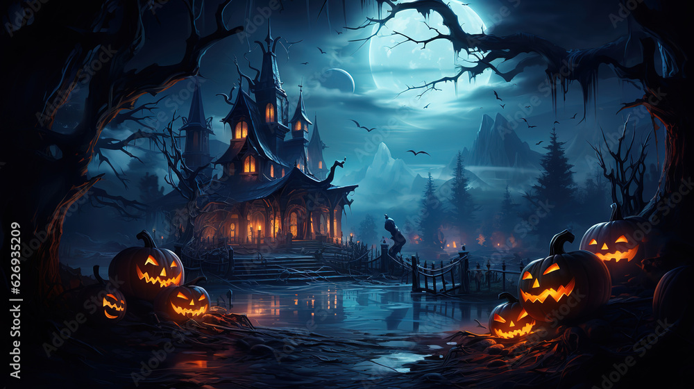 Creepy haunted house at spooky halloween night, Bright color. Generative Ai