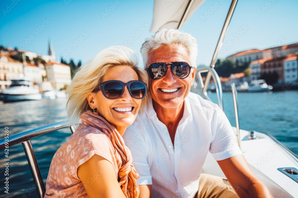 Older couple traveling on yacht in together summer. Happy young travelers going on cruise together.