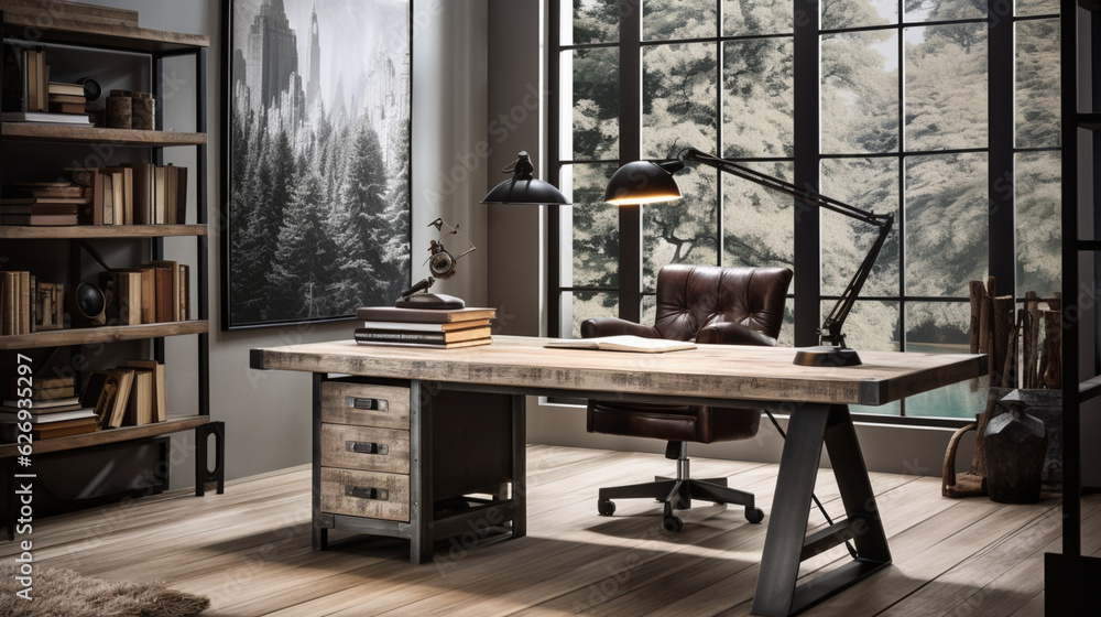 Industrial-style home office with a reclaimed wood desk Design, a metal bookshelf, AI Generated Industrial-style home office with a reclaimed wood desk Design, a metal bookshelf, AI Generated