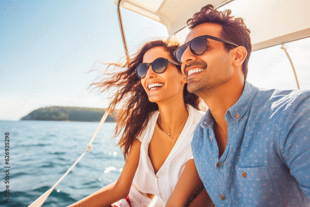 Indian couple going on yacht in summer. Happy young travelers going on cruise together.