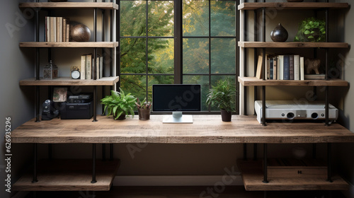 Industrial-style home office with a reclaimed wood desk Design  a metal bookshelf  AI Generated