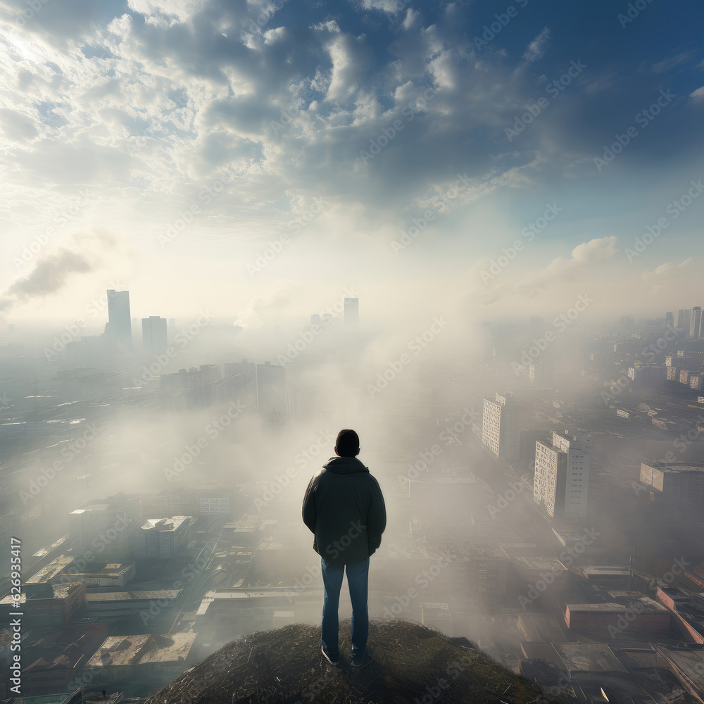 silhouette of a man standing over a city with smog silhouette of a man standing over a city with smog